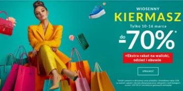 Spring Fair Sale Advertisement: A woman in a bright yellow suit sits amidst a colorful array of shopping bags and items, promoting a seasonal sale event from March 10-16 with discounts up to 70% off. Additional 15% off on luggage, clothing, and shoes is also advertised.