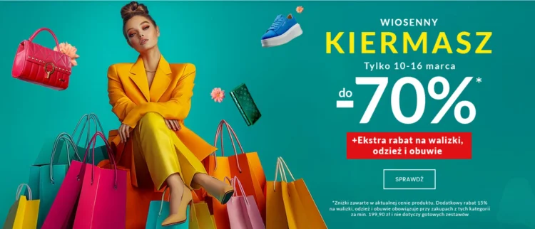 Spring Fair Sale Advertisement: A woman in a bright yellow suit sits amidst a colorful array of shopping bags and items, promoting a seasonal sale event from March 10-16 with discounts up to 70% off. Additional 15% off on luggage, clothing, and shoes is also advertised.
