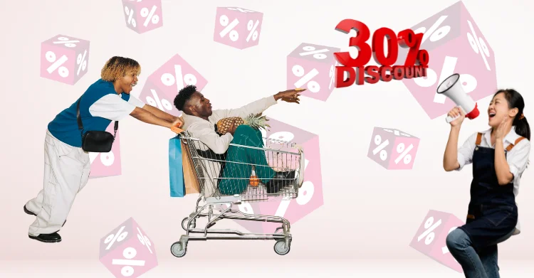 Two people celebrating a 30% discount with shopping cart and promotional symbols in the background.