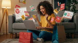Happy shopper browsing coupon codes and discounts on a laptop with shopping bags next to them.