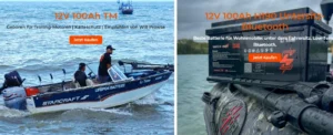Two 12V 100Ah LiFePO4 batteries displayed in different settings. One is mounted on a boat used for trolling motors, recommended by Will Prowse, while the other is installed under the driver's seat of an RV, with Bluetooth functionality and designed for cold temperature resistance.