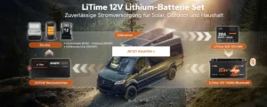 LiTime 12V lithium battery set for reliable power supply in solar, outdoor, and household applications. The image shows a Mercedes van equipped with a solar panel, running devices like a refrigerator (60W), heater (500W), and coffee machine (1000W), along with a 3000W inverter and a 30A MPPT charge controller.