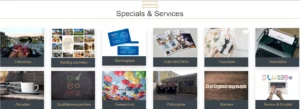 AKZENT Hotels' 'Specials & Services' section featuring icons for experiences, catalog orders, loyalty programs, hotel information, newsletters, and more, designed for guest convenience.