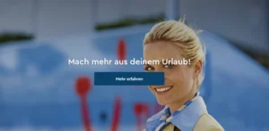 A cheerful woman smiling, with a blue background, promoting an enhanced vacation experience at ROBINSON Clubs.