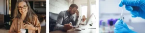 A smiling woman enjoying a coffee, representing wellness and relaxation, a man at work showing signs of stress, symbolizing stress management or work-related health concerns, and a close-up of a lab technician conducting a health test, symbolizing health diagnostics and testing services.
