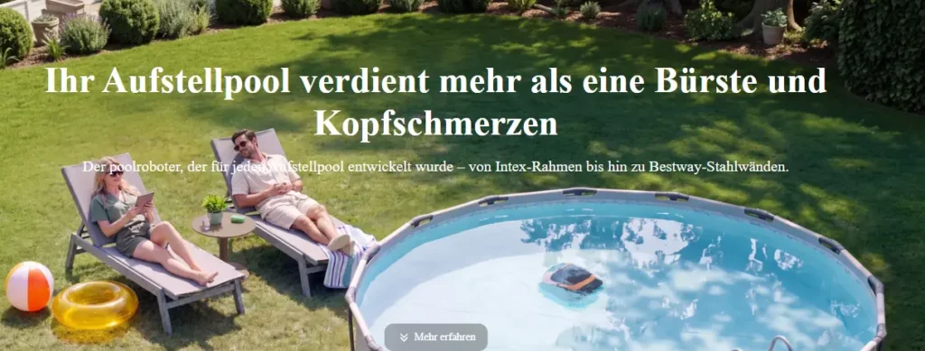 Robotic pool cleaner cleaning an above ground swimming pool while people relax nearby