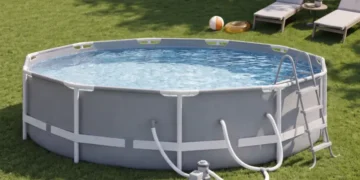 Above ground swimming pool with ladder and filter system in a sunny backyard.
