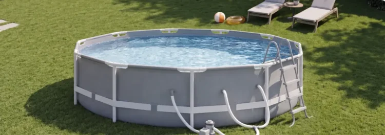 Above ground swimming pool with ladder and filter system in a sunny backyard.