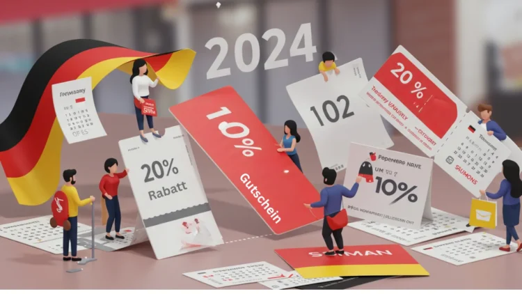 3D-Grafik mit Menschen, Kalendern und Rabattkarten mit Aufschriften wie „10 % Gutschein“ und „20 % Rabatt.
