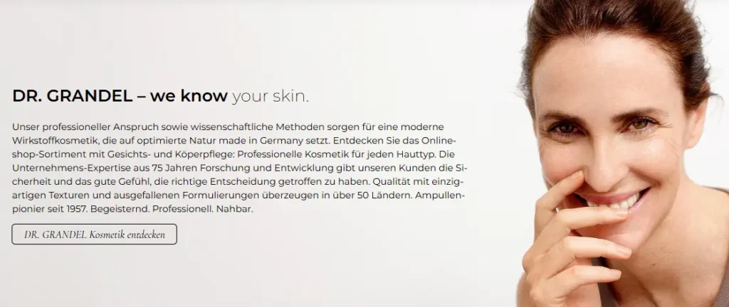 DR. GRANDEL skincare banner featuring smiling woman and professional cosmetics message.