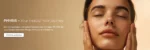 PHYRIS skincare banner with woman touching her face and beauty journey message.
