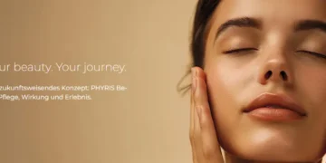 PHYRIS skincare banner with woman touching her face and beauty journey message.