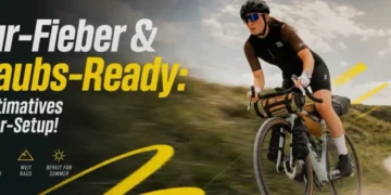 Radfahrerin mit Fahrrad-Gepäck auf Schotterweg – Tour-Fieber und Urlaubs-Ready Sommer-Setup für Radsport