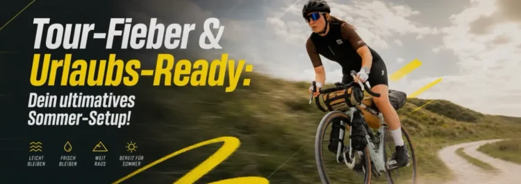 Radfahrerin mit Fahrrad-Gepäck auf Schotterweg – Tour-Fieber und Urlaubs-Ready Sommer-Setup für Radsport