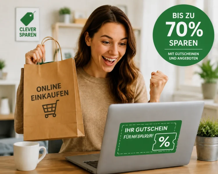 Person, die beim Online-Einkauf mit Gutscheincodes Geld spart.
