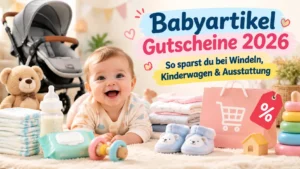 Babyartikel Gutscheine 2026 mit Baby, Windeln, Kinderwagen und Babyausstattung zum Sparen bei Online-Einkäufen.