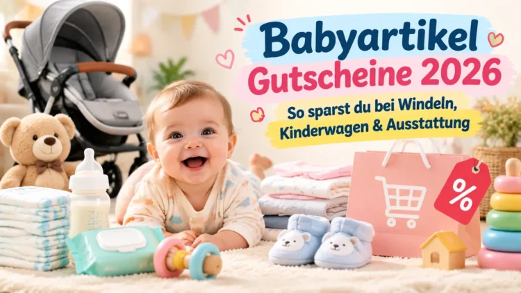 Babyartikel Gutscheine 2026 mit Baby, Windeln, Kinderwagen und Babyausstattung zum Sparen bei Online-Einkäufen.