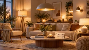 Beleuchtung fürs Zuhause mit modernen Lampen, LED-Leuchten und Rabattcode für energieeffiziente Wohnraumgestaltung.