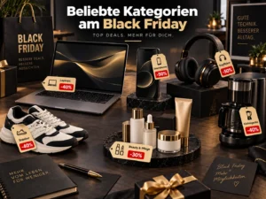Beliebte Black Friday 2026 Kategorien mit Elektronik, Mode, Beauty und Haushaltsangeboten.
