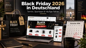 Black Friday 2026 in Deutschland mit Laptop, Smartphone, Kalender und Online-Angeboten für Spartipps.