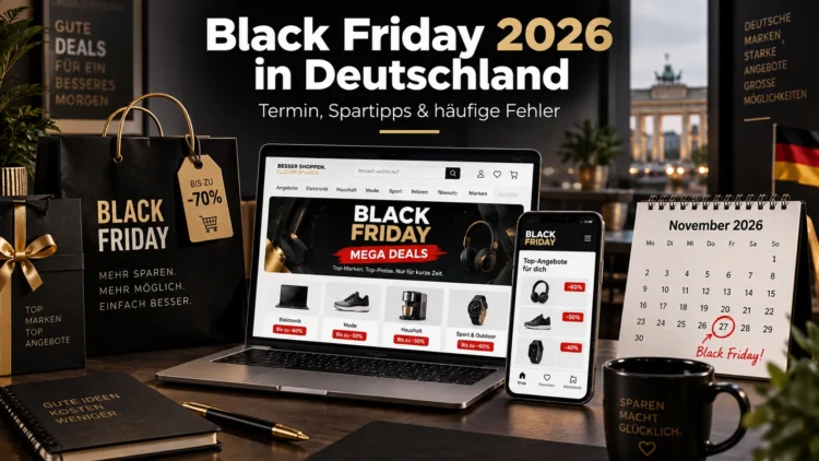 Black Friday 2026 in Deutschland mit Laptop, Smartphone, Kalender und Online-Angeboten für Spartipps.