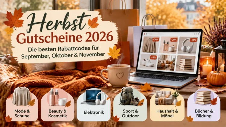 Herbst Gutscheine 2026 mit Rabattcodes für September, Oktober und November. Gemütliche Herbst-Shopping-Szene mit Laptop, Angeboten für Mode, Beauty, Elektronik, Sport, Möbel und Bücher.