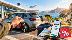 Mietwagen günstig buchen mit Rabattcode – Auto am Flughafen, Reisekoffer, Smartphone-Buchung und Sparangebot für Mietwagen 2026.