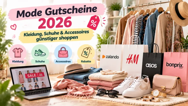 Mode Gutscheine 2026 mit Kleidung, Schuhen, Accessoires und Sale-Angeboten für günstiges Online-Shopping.