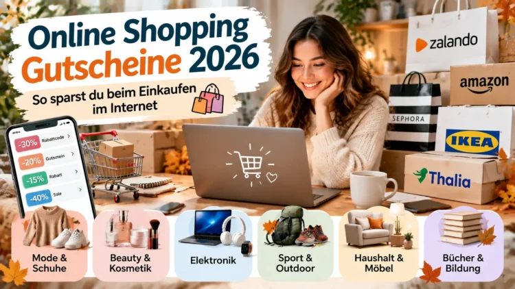 Online Shopping Gutscheine 2026 mit Rabattcodes und Sparmöglichkeiten für Mode, Beauty, Elektronik, Möbel und Bücher beim Einkaufen im Internet.