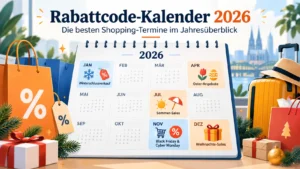 Rabattcode-Kalender 2026 mit den wichtigsten Shopping-Terminen wie Winterschlussverkauf, Black Friday und Weihnachts-Sales im Jahresüberblick.
