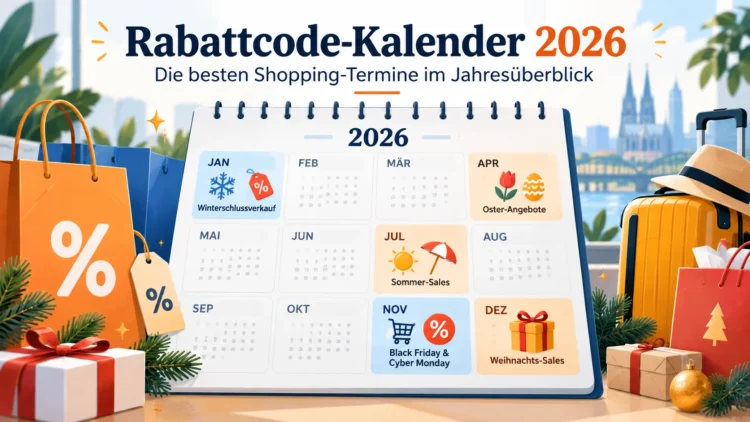 Rabattcode-Kalender 2026 mit den wichtigsten Shopping-Terminen wie Winterschlussverkauf, Black Friday und Weihnachts-Sales im Jahresüberblick.