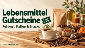 Lebensmittel Gutscheine – Kaffee, Nüsse, Trockenfrüchte, Schokolade, Gewürze und Olivenöl auf einem Holztisch.