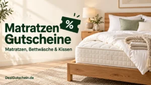 Matratzen Gutscheine – weiße Matratze auf einem Holzbett mit Kissen, heller Bettwäsche und beiger Strickdecke.