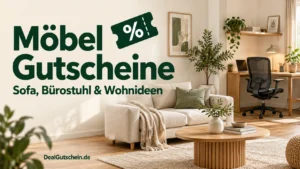 Möbel Gutscheine – beiges Sofa, runder Couchtisch aus Holz und schwarzer Bürostuhl in einem hellen Wohnraum mit Homeoffice.