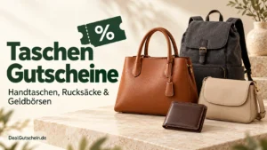 Taschen Gutscheine – braune Handtasche, grauer Rucksack, beige Umhängetasche und Geldbörse auf einer hellen Steinfläche.